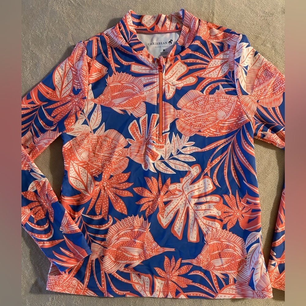 Caribbean Joe 1/4 Zip Swim Shirt Tropical Fish Plants Hawaiian Blue/Coral Sz Med